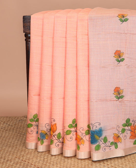 Peach floral buttas printed chirala cotton saree, bavanji border, and contrast floral print pallu