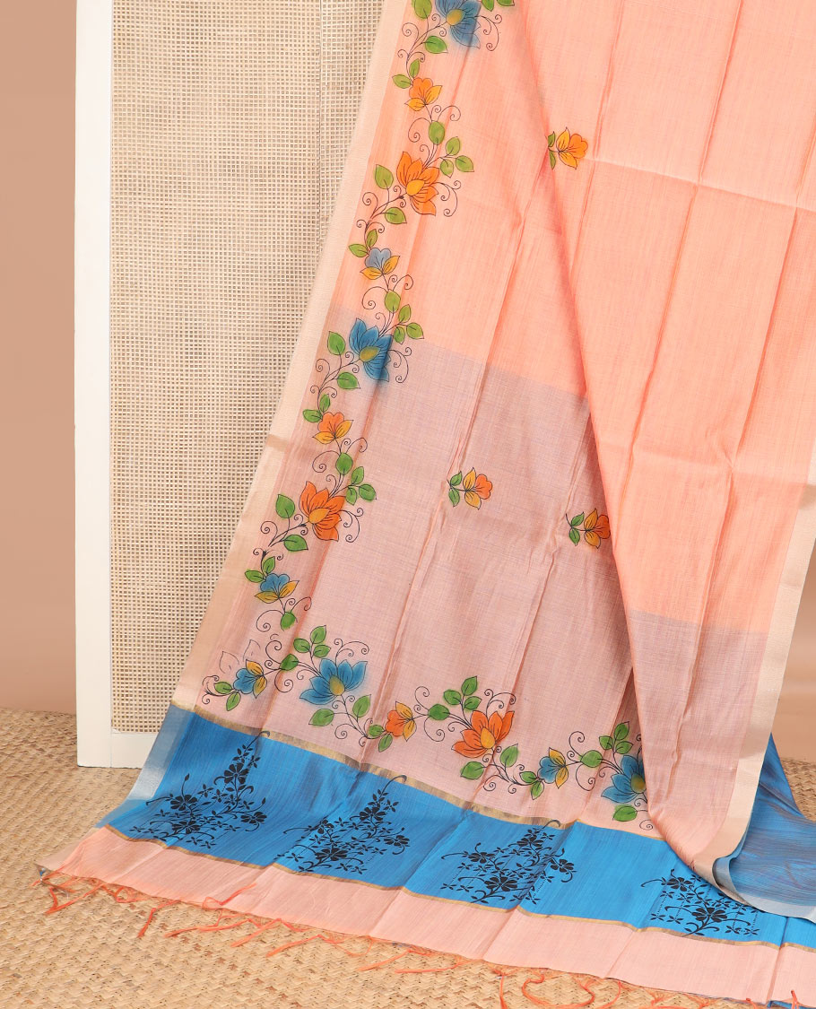 Peach floral buttas printed chirala cotton saree, bavanji border, and contrast floral print pallu