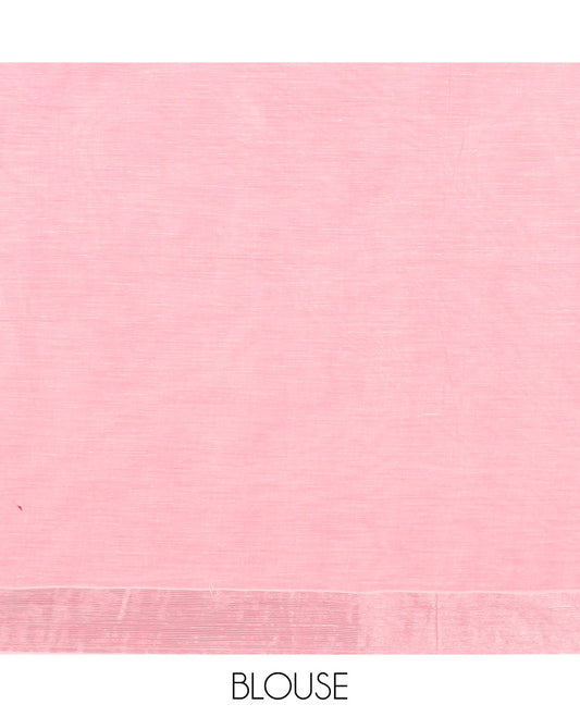 Pink plain jute cotton saree, bavanji zari border, and striped pallu