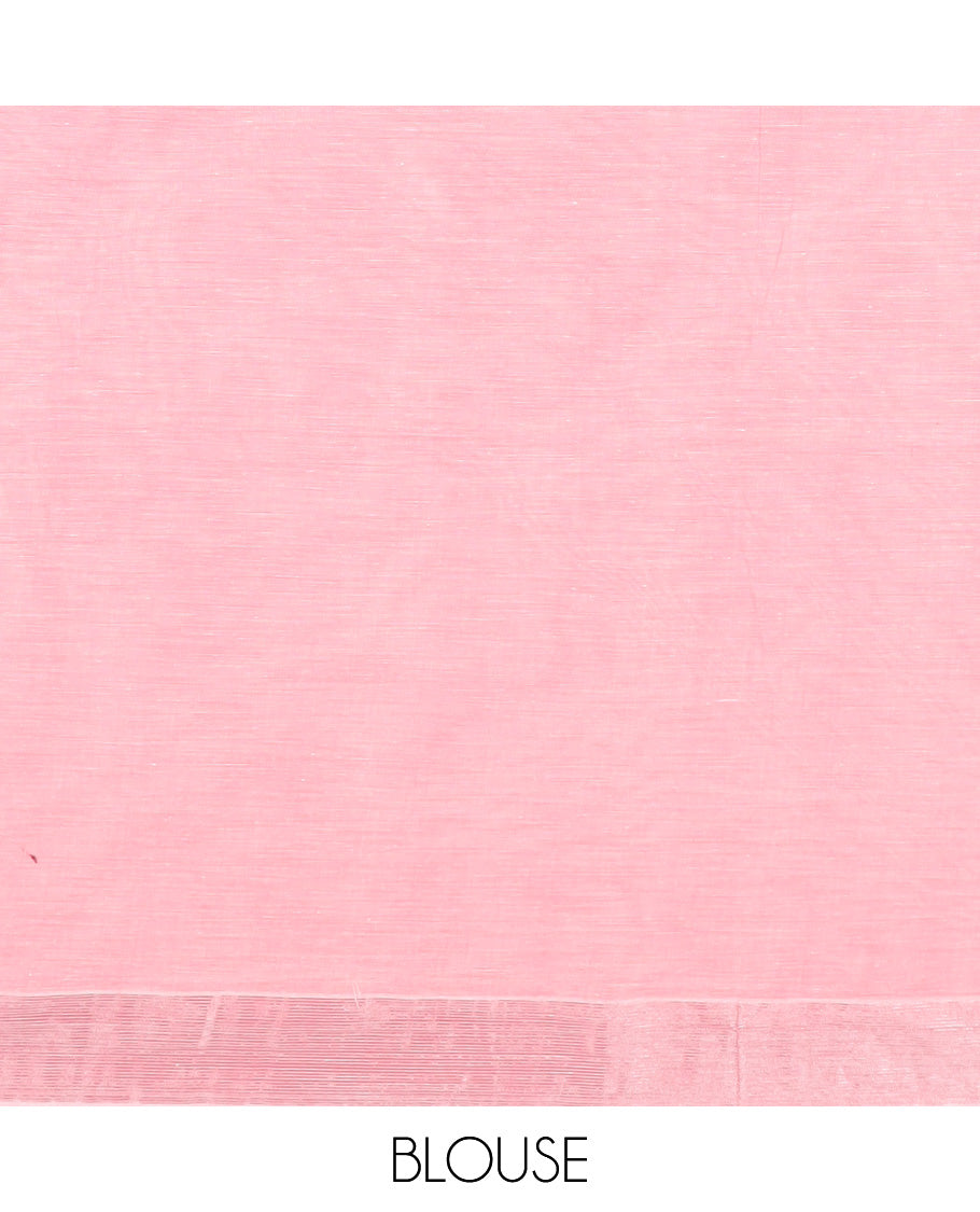 Pink plain jute cotton saree, bavanji zari border, and striped pallu