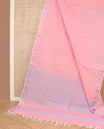 Pink plain jute cotton saree, bavanji zari border, and striped pallu