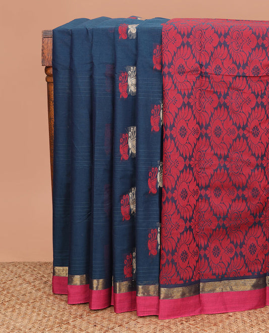 Blue buttas kanchi cotton saree, contrast plain border, and jaal pallu