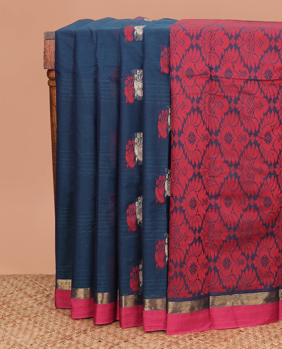 Blue buttas kanchi cotton saree, contrast plain border, and jaal pallu