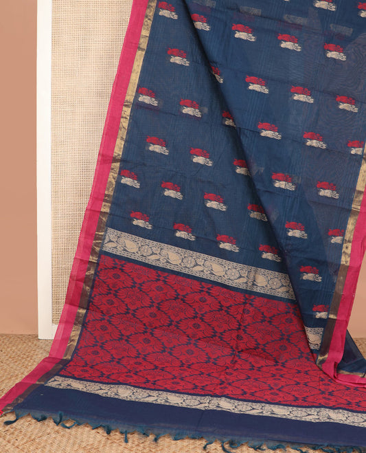 Blue buttas kanchi cotton saree, contrast plain border, and jaal pallu