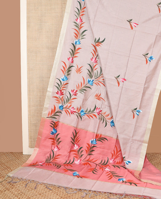 Grey hand brush painting style floral printed chirala cotton saree, plain border, and contrast floral printed pallu