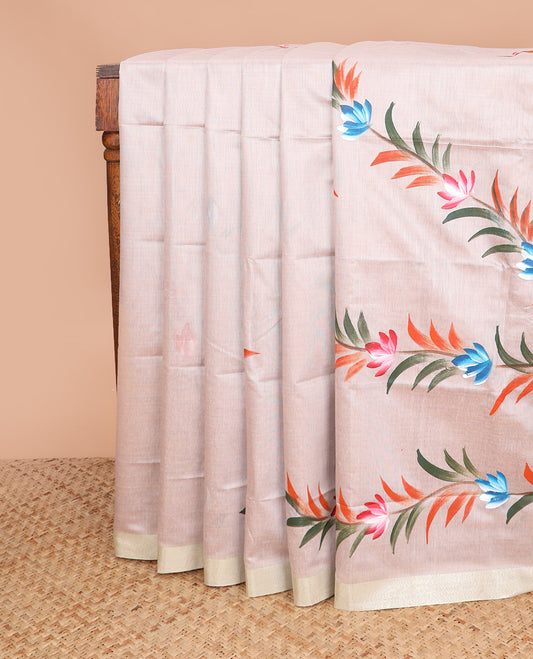 Grey hand brush painting style floral printed chirala cotton saree, plain border, and contrast floral printed pallu