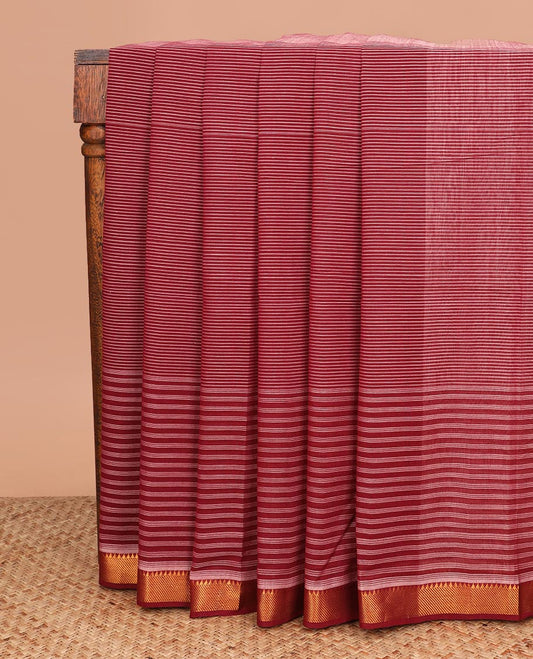 Maroon striped Mangalgiri cotton saree, traditional zari border, zari pallu, and a contrast striped blouse