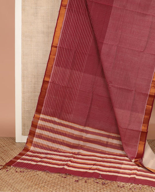 Maroon striped Mangalgiri cotton saree, traditional zari border, zari pallu, and a contrast striped blouse