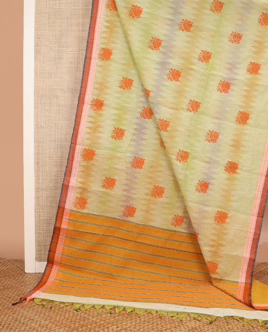 Multi-color light rainbow-colors dyed with rose buttas chirala cotton saree, contrast temple border, and striped pallu