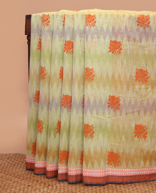 Multi-color light rainbow-colors dyed with rose buttas chirala cotton saree, contrast temple border, and striped pallu