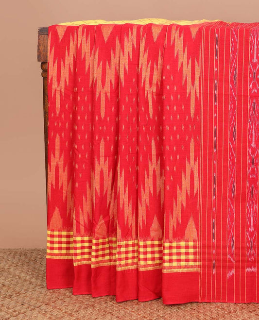 Red and yellow temple and checks ikkat cotton saree, checked border, and ikkat woven pallu