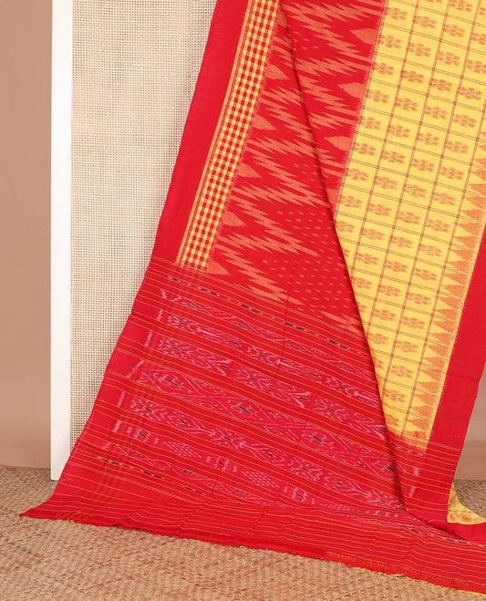 Red and yellow temple and checks ikkat cotton saree, checked border, and ikkat woven pallu