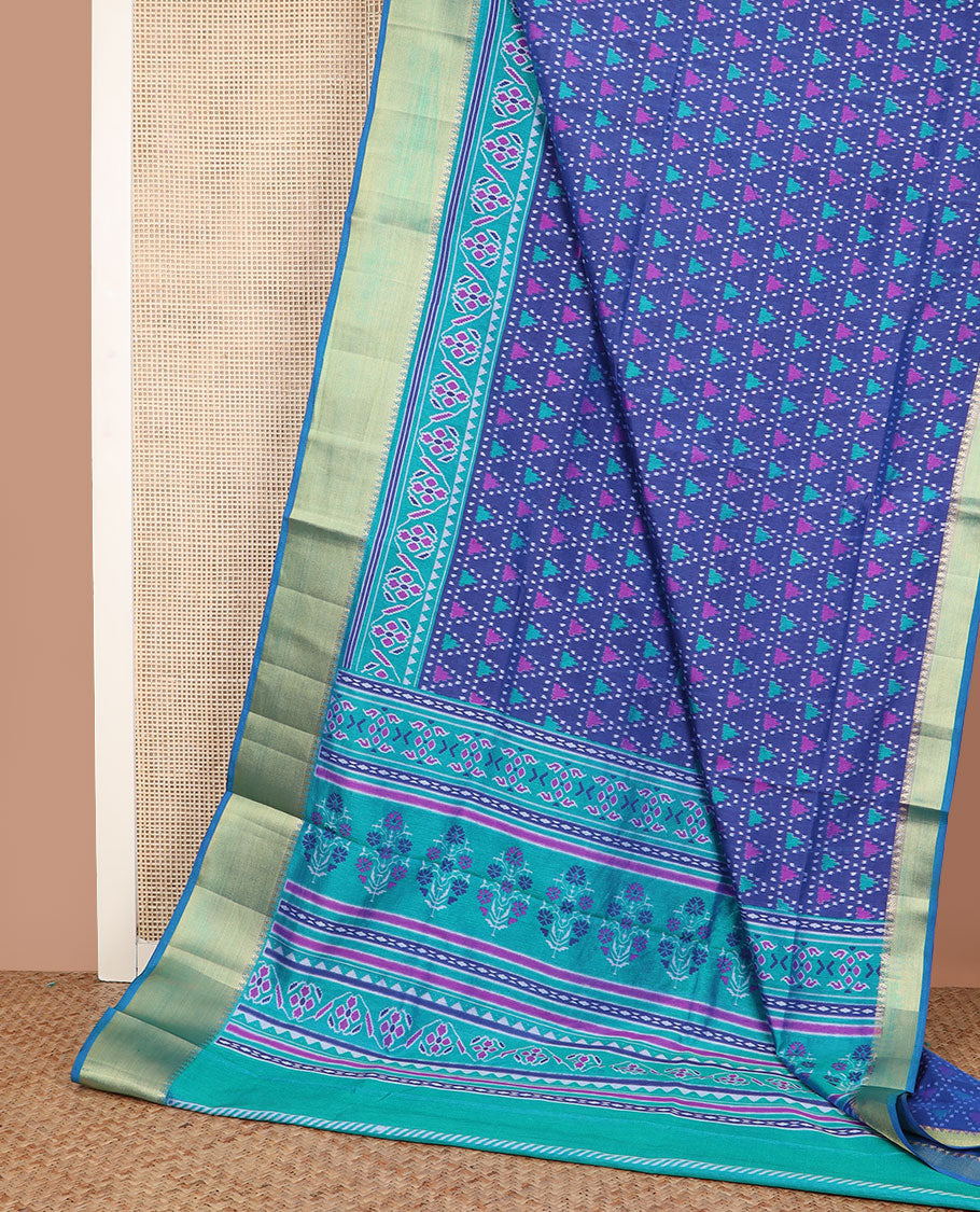 Blue triangle ikkat-stytle weave semi-banaras patola silk saree, contrast temple border, and pallu of floral and geometric motifs