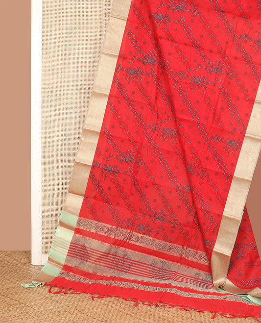 Red Chirala Cotton Saree, Intricately Printed with Paisley-Floral Motifs All Over Its Body, Complemented by a Contrast Zari Chevron Border, Pallu of Floral-Peacock Print, and Paired with a Contrast Blouse