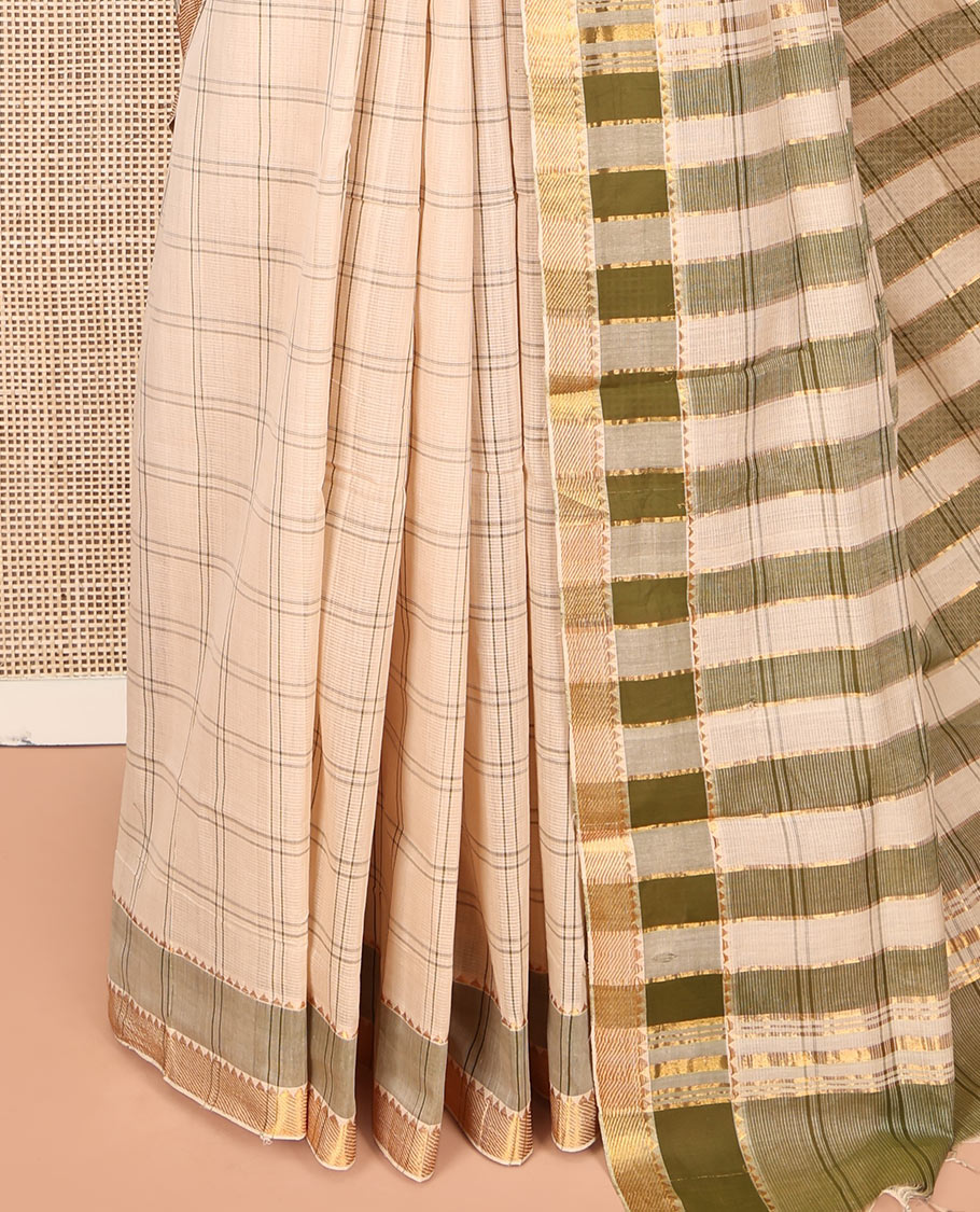 Sandal Mangalgiri Cotton Saree, Subtly Sparkled with Checks on Its Body, Complemented by Contrast Zari Temple Border, Zari-Striped Pallu, and Paired with a Contrast Blouse