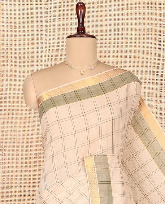 Sandal Mangalgiri Cotton Saree, Subtly Sparkled with Checks on Its Body, Complemented by Contrast Zari Temple Border, Zari-Striped Pallu, and Paired with a Contrast Blouse