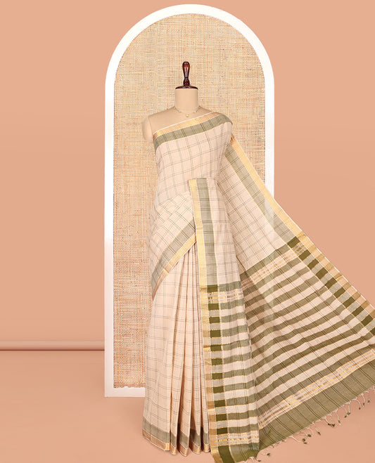 Sandal Mangalgiri Cotton Saree, Subtly Sparkled with Checks on Its Body, Complemented by Contrast Zari Temple Border, Zari-Striped Pallu, and Paired with a Contrast Blouse