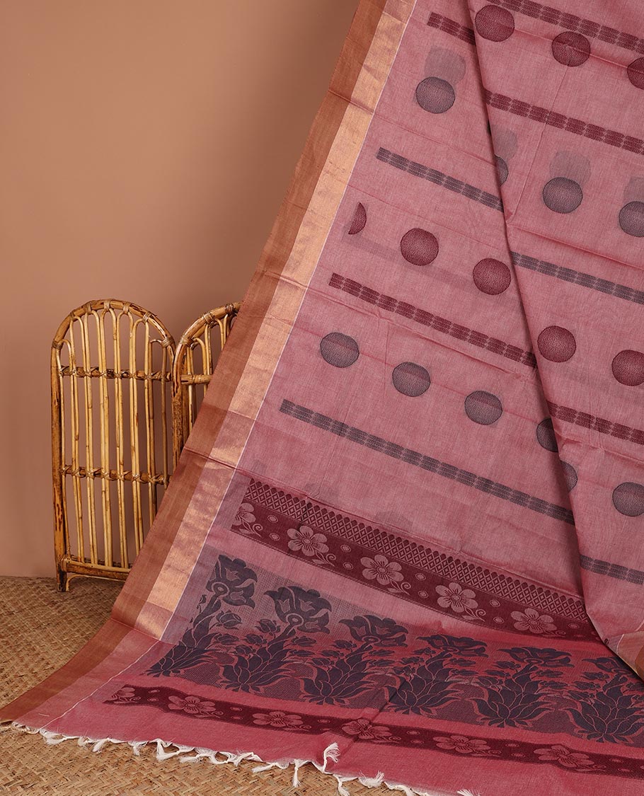 Sandal buttas Coimbatore cotton saree, contrast border & floral design pallu