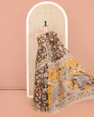 Brown Kalamkari Saree, Dazzled with Floral Vine Print, Contrast Paisley Printed Border, Contrast Pallu of Fauna Motifs, and a Contrast Blouse