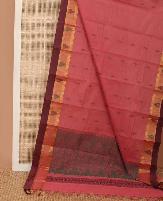 Pink buttas kanchi cotton saree, contrast zari temple border of traditional designs & floral design pallu