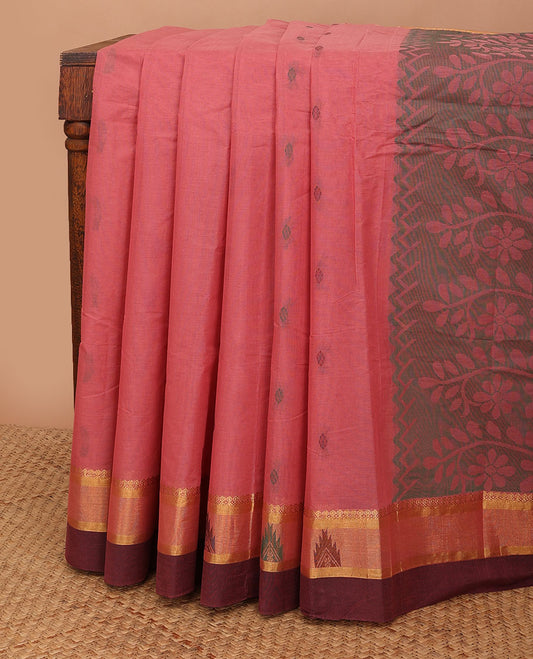 Pink buttas kanchi cotton saree, contrast zari temple border of traditional designs & floral design pallu