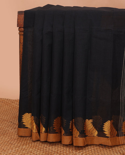 Black plain Bengal cotton saree, contrast leaf design border & pallu of stripes