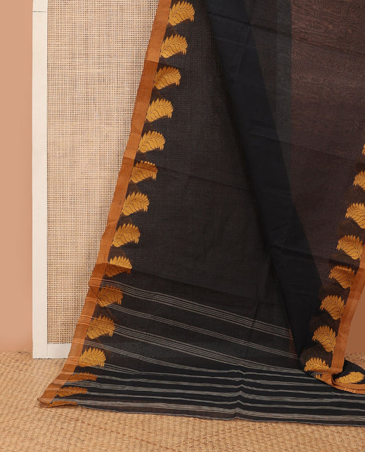 Black plain Bengal cotton saree, contrast leaf design border & pallu of stripes