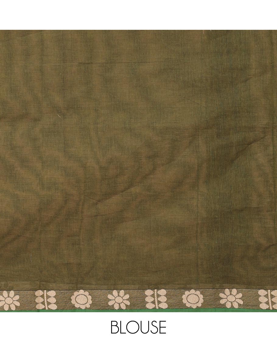 Green floral stripes Kanchi cotton saree, floral design border, and pallu of geometric patterns