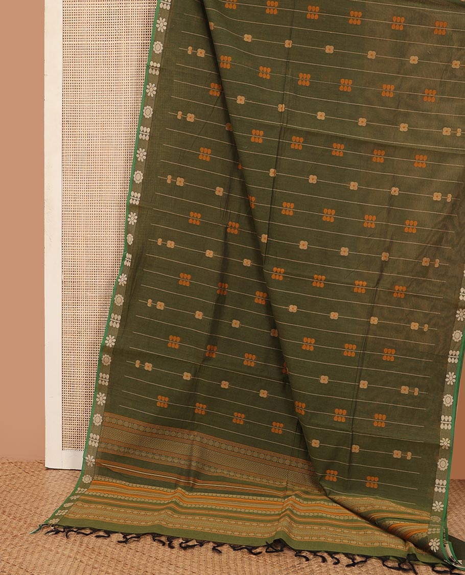 Green floral stripes Kanchi cotton saree, floral design border, and pallu of geometric patterns