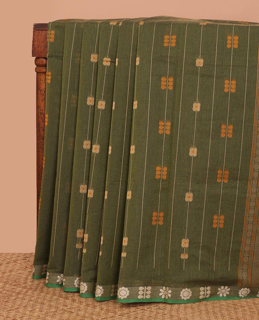 Green floral stripes Kanchi cotton saree, floral design border, and pallu of geometric patterns
