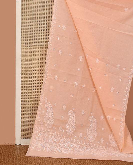 Light orange embroidered buttas Lucknowi chikankari saree, thread embroidered border, and floral-paisley motifs embroidered pallu