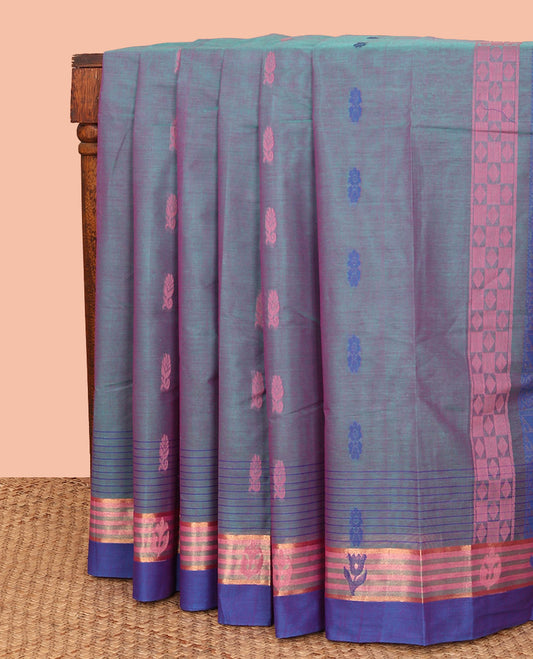 Blue Kanchi Cotton Saree, Prettified with Thread Buttas All Over Its Body, Complemented by a Contrast Border of Zari Designs, Pallu Depicts Geometric Designs, and Paired with a Matching Blouse