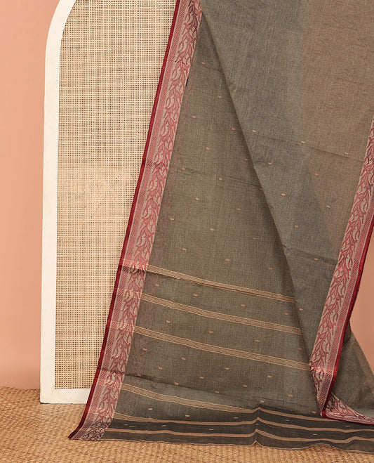 Grey Bengal Cotton Saree, Delicately Woven with Buttas, a Self-Border of Vine Design, Striped Pallu, and No Blouse