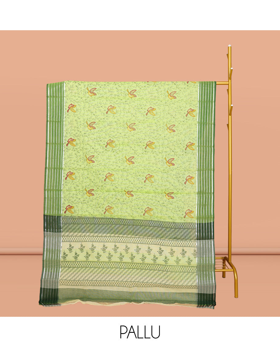 Green Chirala Cotton Saree, Accentuated with Floral-Bird Print, a Contrast Border, Printed Pallu, and a Matching Blouse