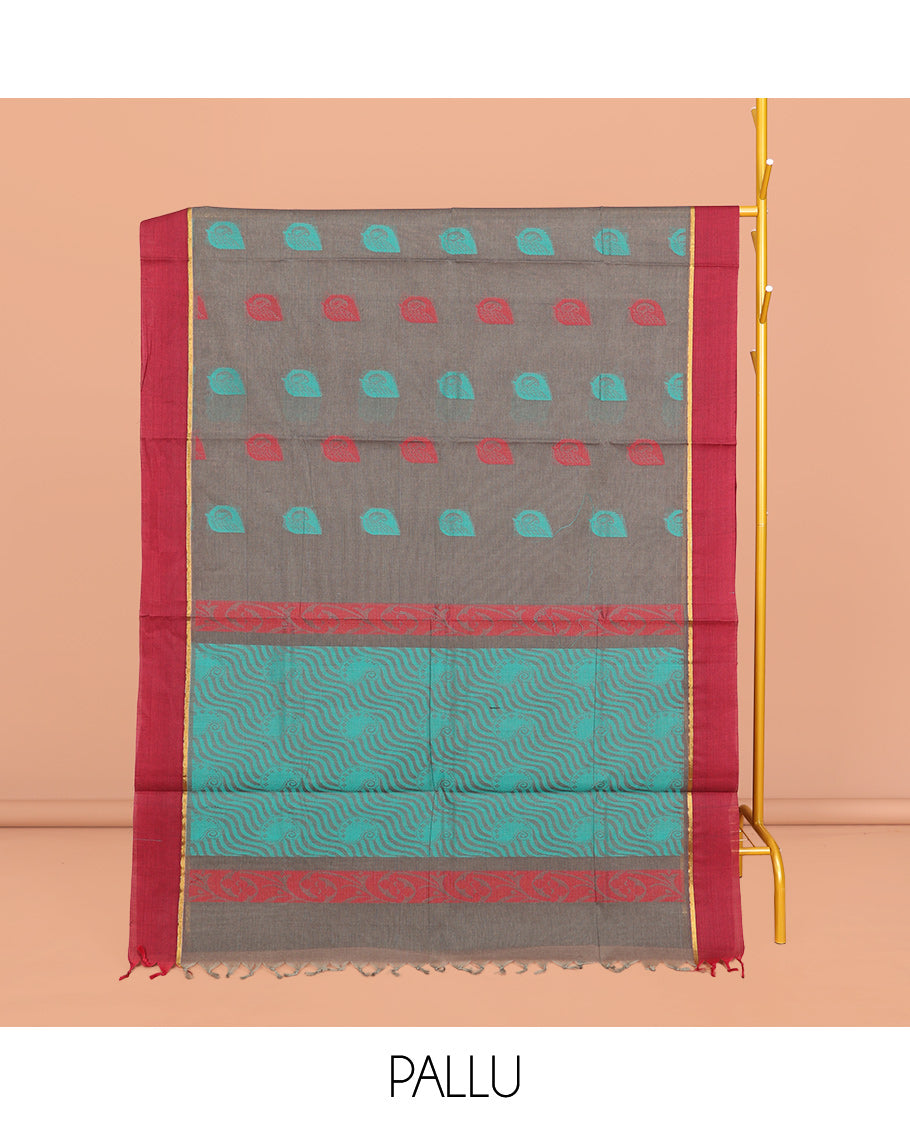 Grey Coimbatore Cotton Saree, Adorned with Thread Buttas, a Contrast Plain Border, a Pallu of Stripes and Buttas, and a Matching Blouse