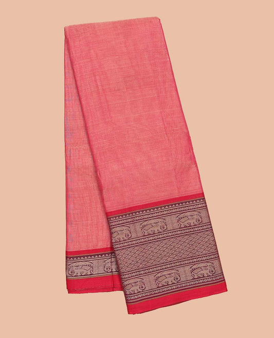 Pink plain design Narayanapet cotton saree, contrast traditional design border & striped pallu