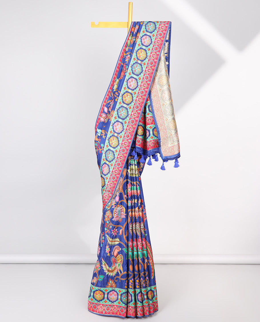 Violet floral vine design semi-banaras dola silk saree with contrast border & intricate design pallu