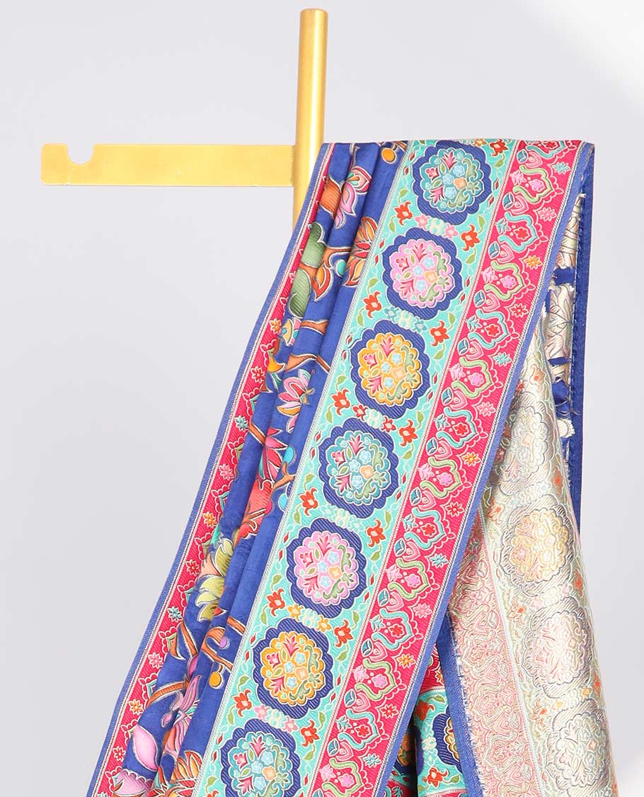 Violet floral vine design semi-banaras dola silk saree with contrast border & intricate design pallu
