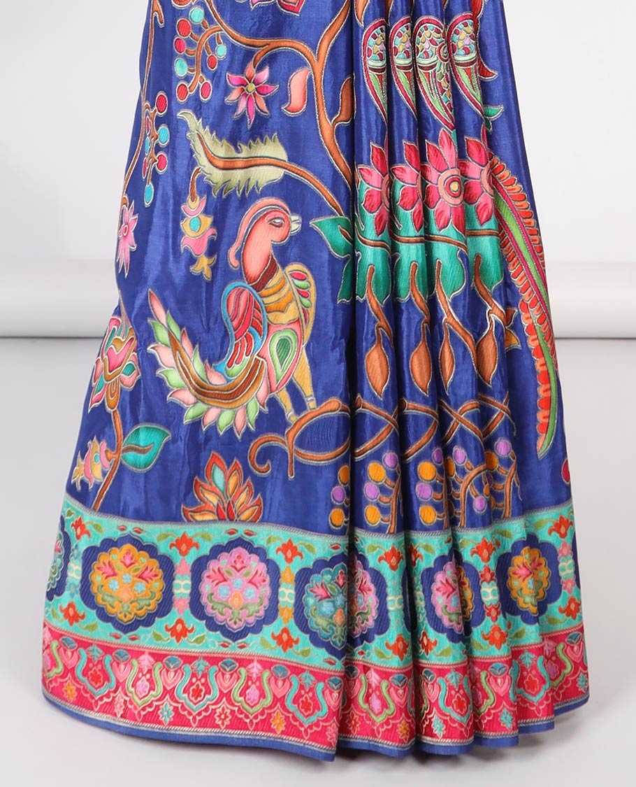 Violet floral vine design semi-banaras dola silk saree with contrast border & intricate design pallu