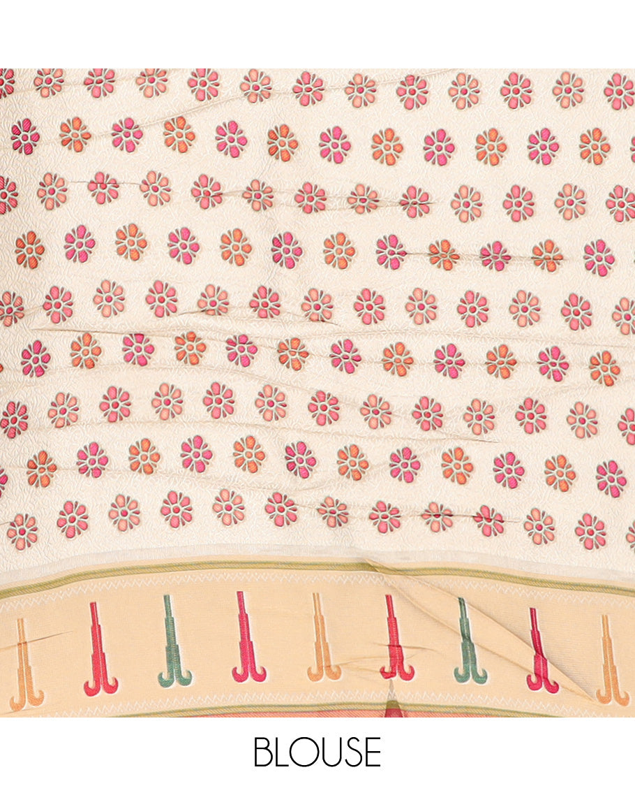Cream colorful floral vine printed dola silk saree, muniya border, and tropical floral printed pallu