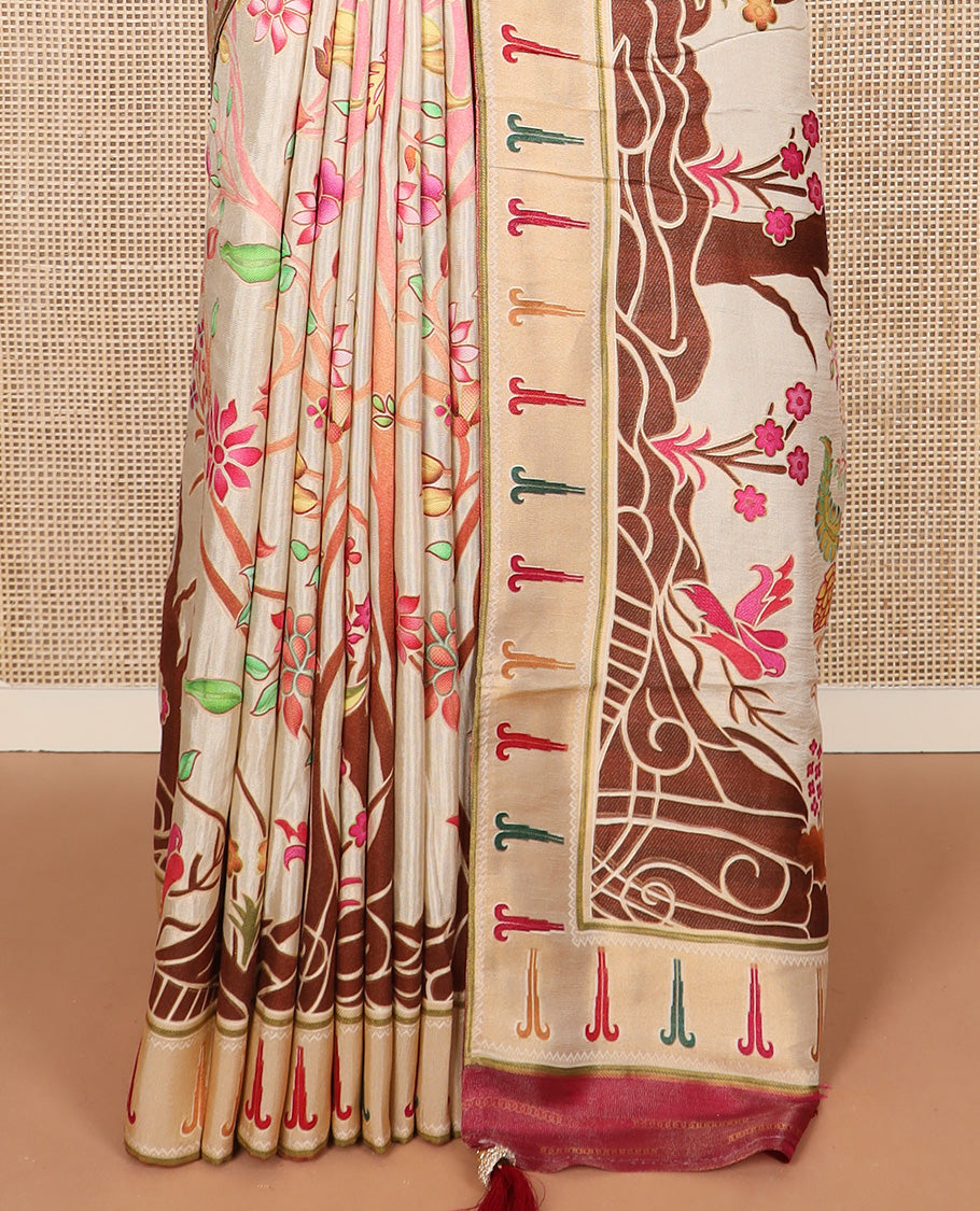 Cream colorful floral vine printed dola silk saree, muniya border, and tropical floral printed pallu