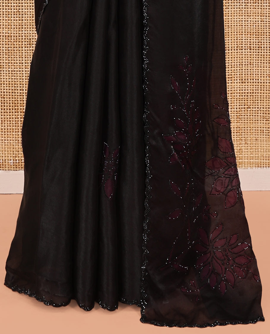 Black Designer Saree, Entralled with Leaf Print and Stone Work All Over Its Body, Highlighted by Scallop Stone Work Border, and Paired with a Matching Blouse