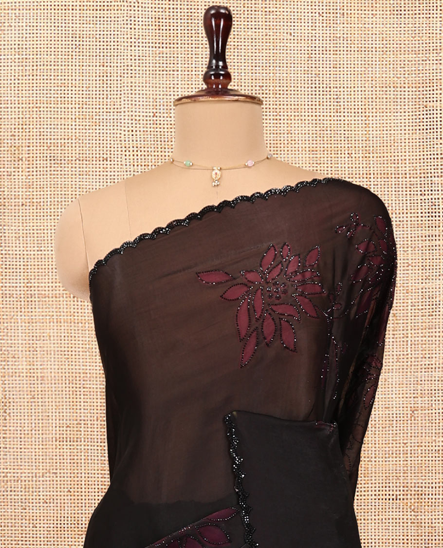 Black Designer Saree, Entralled with Leaf Print and Stone Work All Over Its Body, Highlighted by Scallop Stone Work Border, and Paired with a Matching Blouse