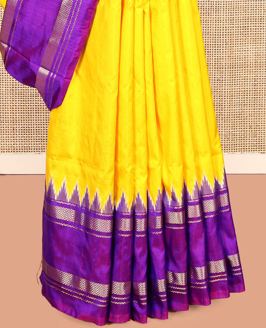 Yellow Plain Pochampally Ikat Saree, a Contrast Temple Traditional Zari Border, Ikat-Style Jaal Pallu, and a Contrast Blouse