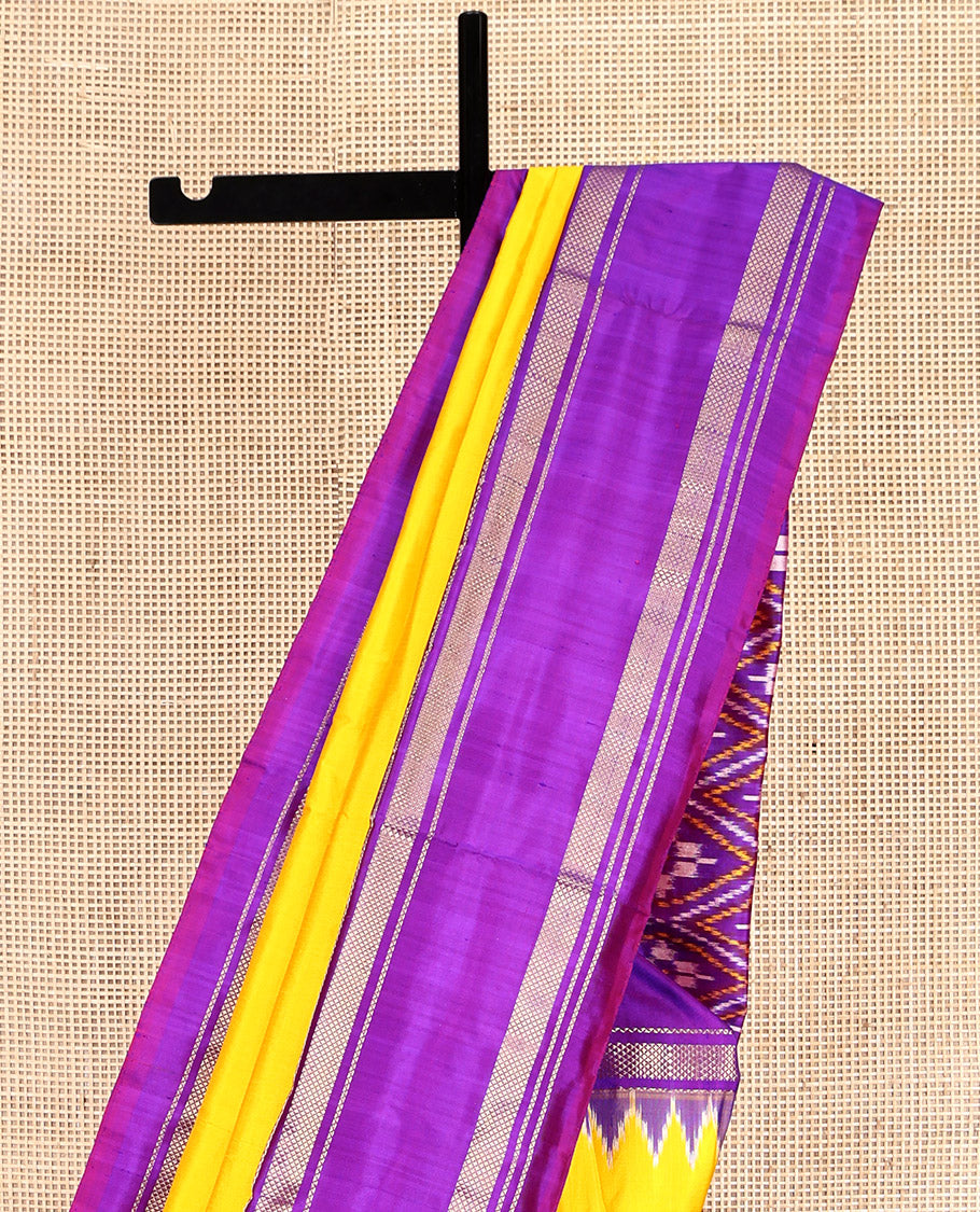 Yellow Plain Pochampally Ikat Saree, a Contrast Temple Traditional Zari Border, Ikat-Style Jaal Pallu, and a Contrast Blouse