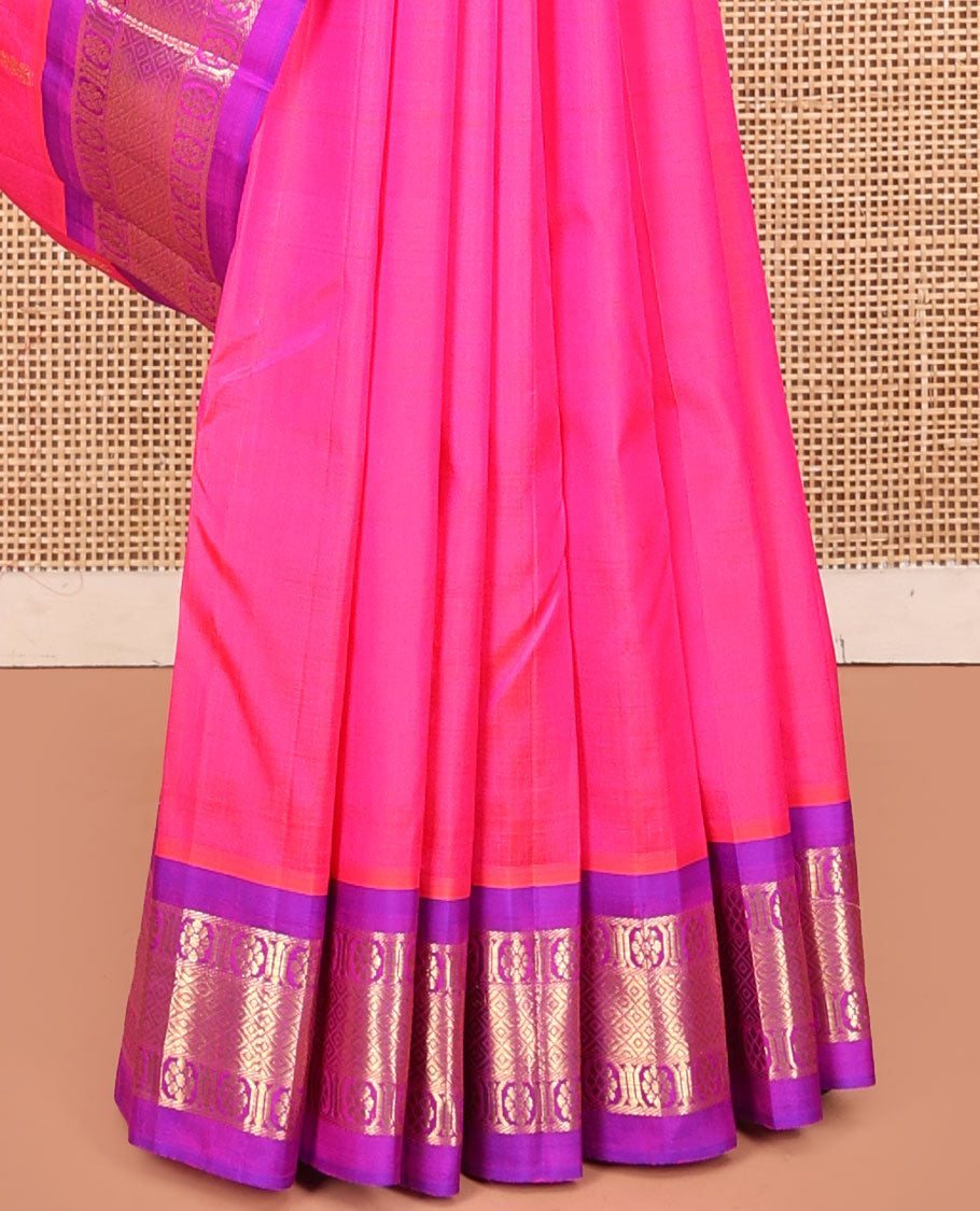 Pink Kanchipuram Silk Saree, Delicately Woven with Zari Buttas, a Contrast One-Sided Border of Banaras, Kamalam,  and Mayil Kann, Zari Design Pallu, and No Blouse
