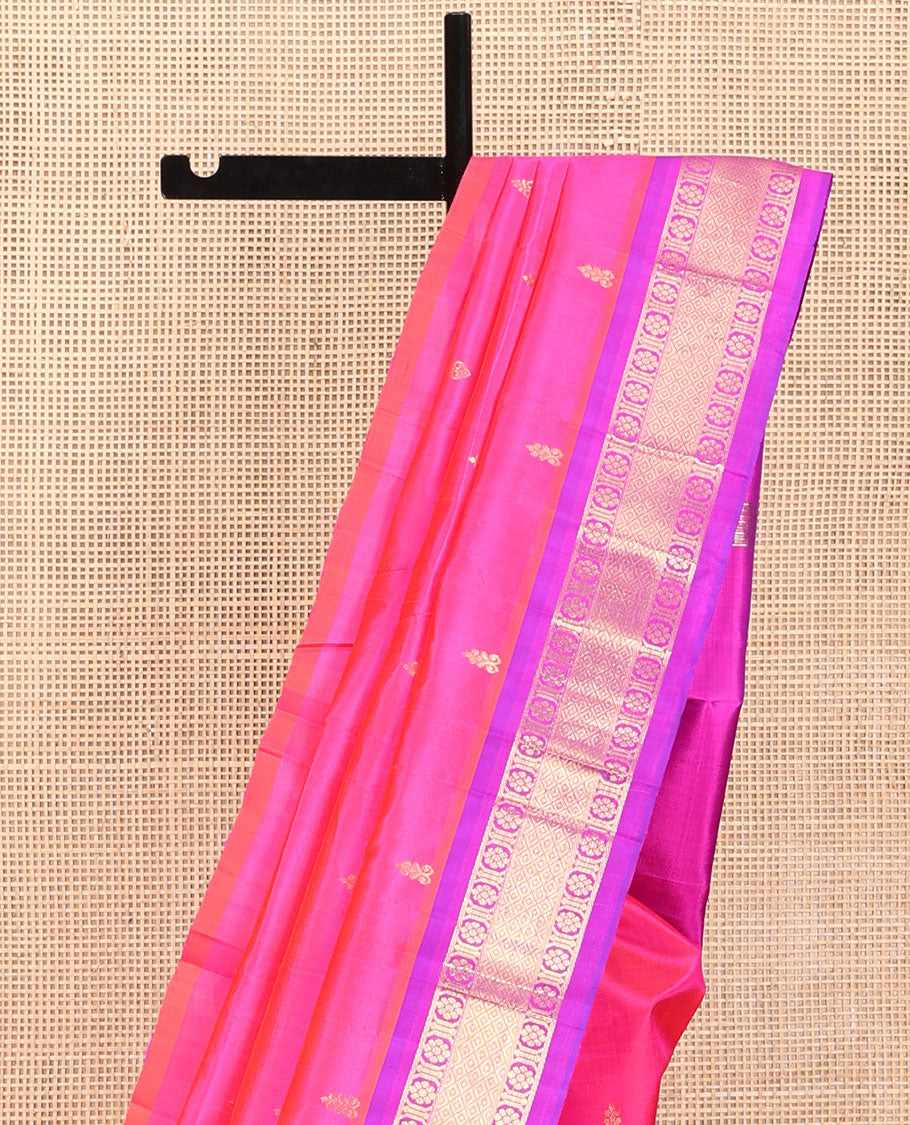 Pink Kanchipuram Silk Saree, Delicately Woven with Zari Buttas, a Contrast One-Sided Border of Banaras, Kamalam,  and Mayil Kann, Zari Design Pallu, and No Blouse