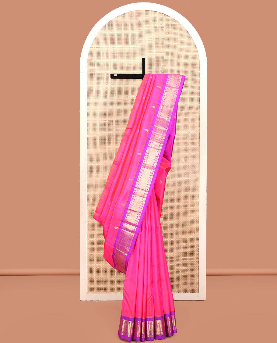Pink Kanchipuram Silk Saree, Delicately Woven with Zari Buttas, a Contrast One-Sided Border of Banaras, Kamalam,  and Mayil Kann, Zari Design Pallu, and No Blouse