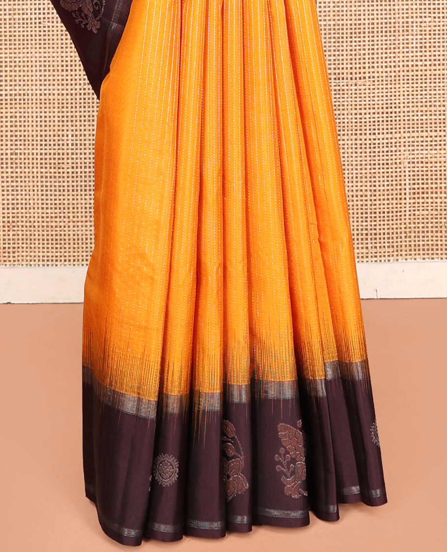 Yellow Kanchipuram Silk Saree, Subtly Sparkled with Stripes, Complemented by Contrast Border of Humming Bird Motifs, Grand Jaal Pallu, and Contrast Blouse