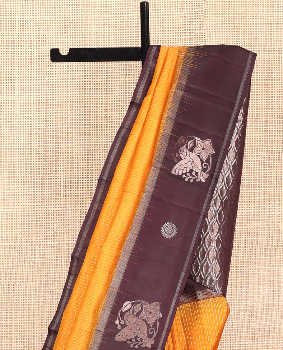 Yellow Kanchipuram Silk Saree, Subtly Sparkled with Stripes, Complemented by Contrast Border of Humming Bird Motifs, Grand Jaal Pallu, and Contrast Blouse